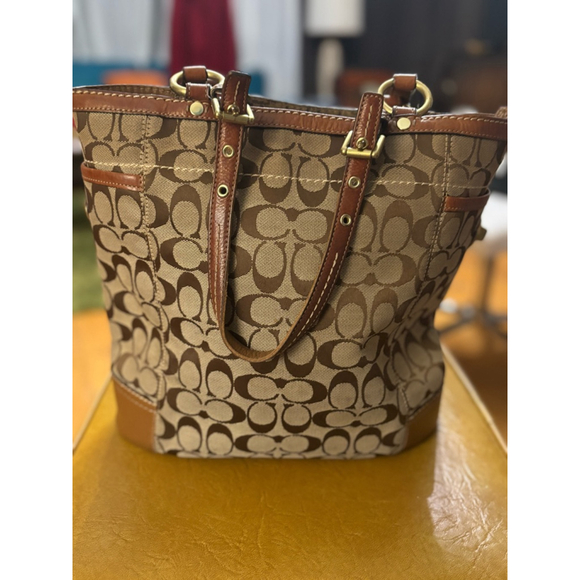 Coach Handbags - Coach Beige & Brown Signature Canvas Tote Bag